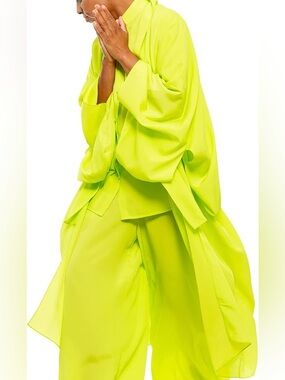 cinq a sept Neon Lime Draped Kimono Coat with Self-Tie Waist